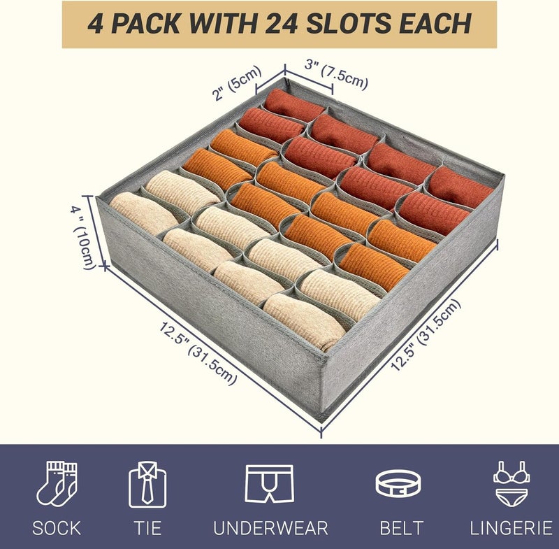 PINGMIC Gray Sock Organizer Divider 2 Pack - 24 Cell Foldable Closet Storage, Tie Organizer For Men Boxes for Socks, Ties, Belts - Image 2